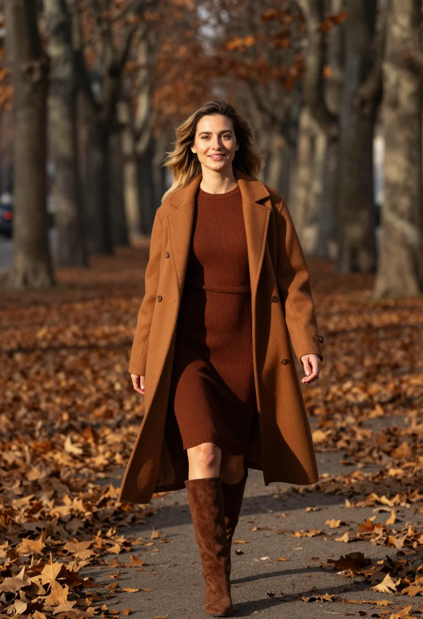 AI suede knee boots cognac sample — portrait of a woman, three-quarter-length portrait of a Fren