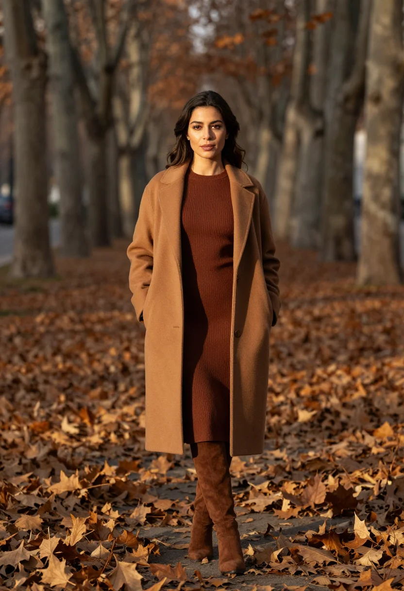 AI suede knee boots cognac sample — portrait of a woman, full-length portrait of a Spanish woman