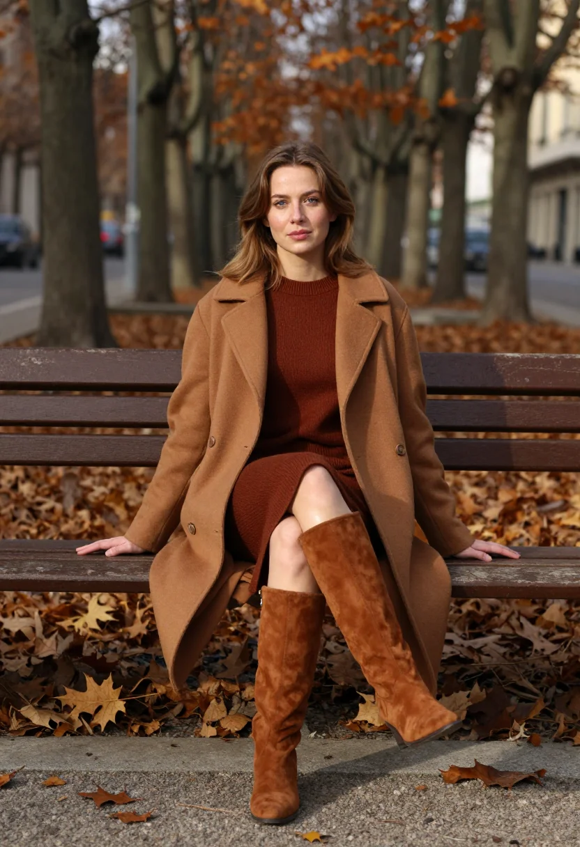AI suede knee boots cognac sample — portrait of a woman, full-length seated portrait of a Swiss