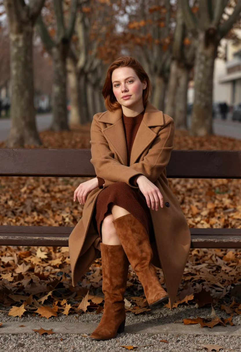 AI suede knee boots cognac sample — portrait of a woman, three-quarter-length seated portrait of