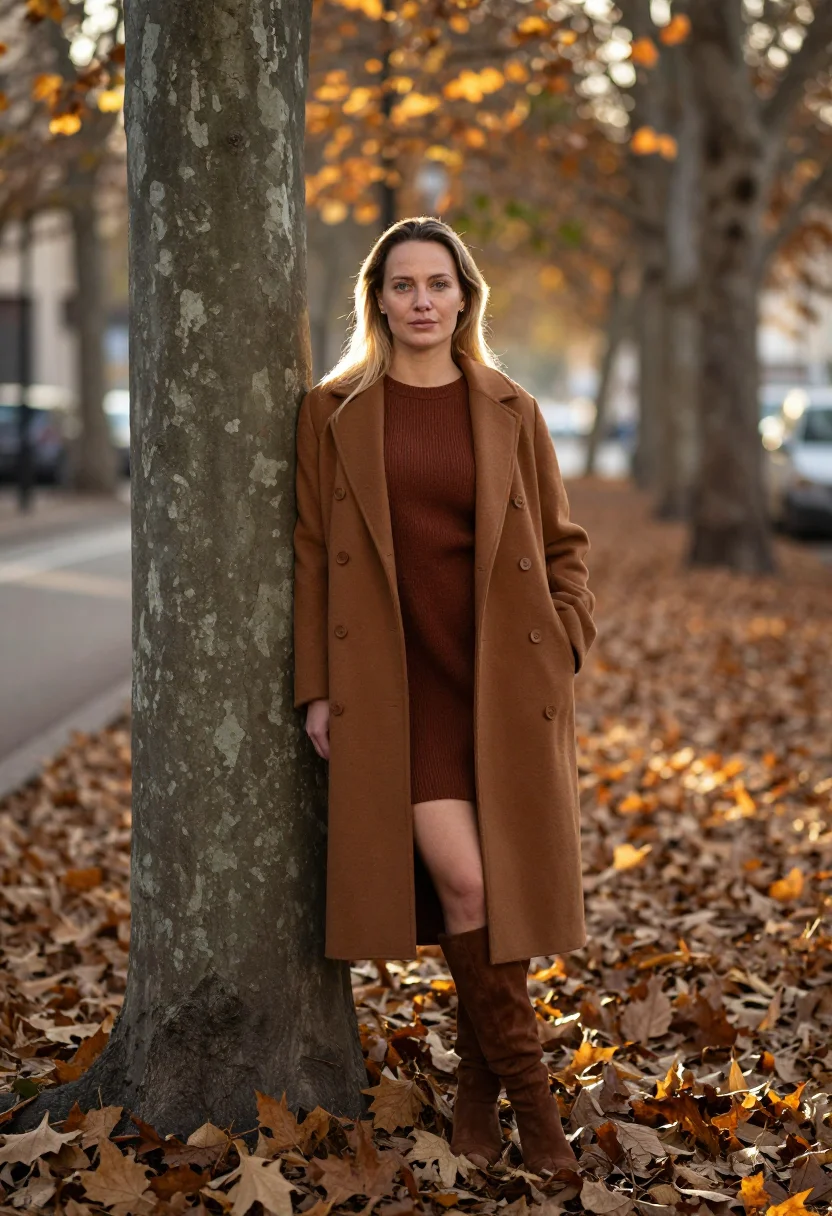 AI suede knee boots cognac sample — portrait of a woman, full-length portrait of a Dutch woman i
