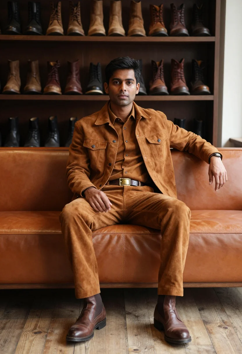 AI suede tobacco sample — portrait of a man, wide seated portrait of a South-Asian man