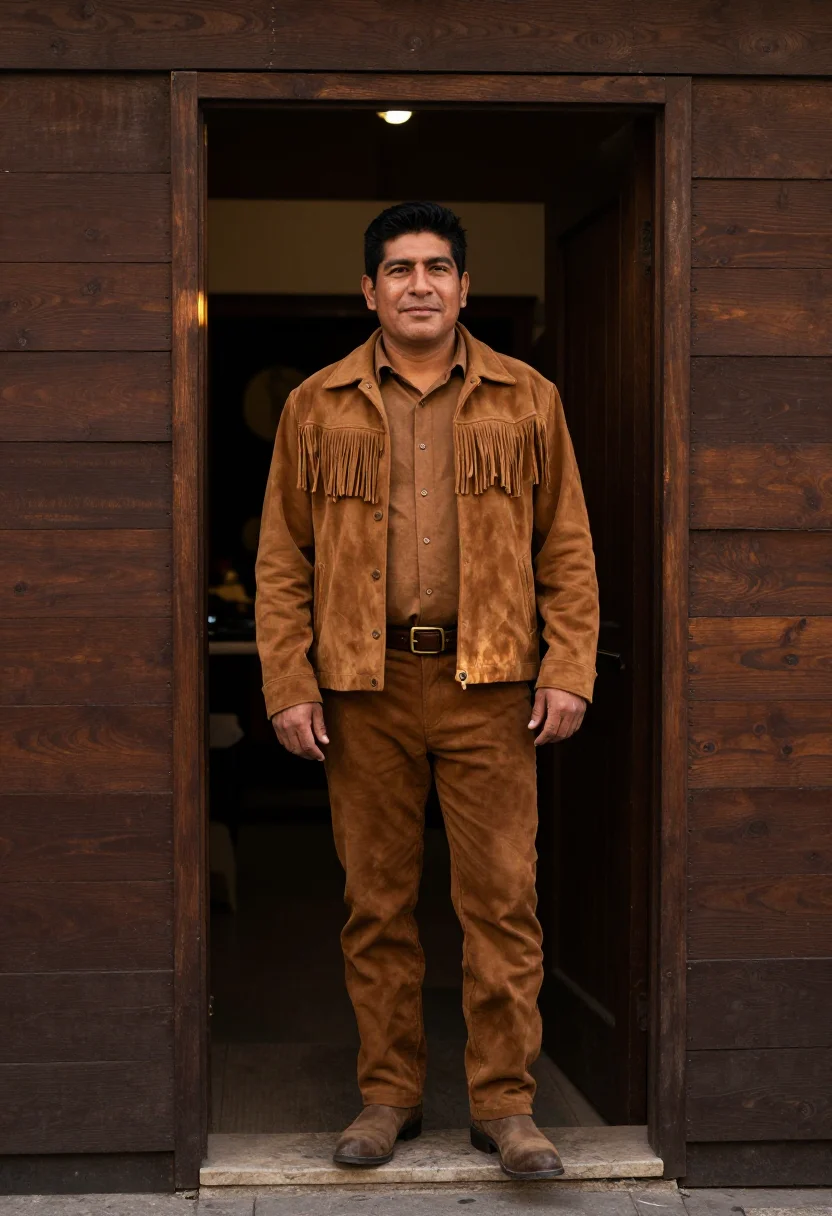 AI suede tobacco sample — portrait of a man, full-length doorway portrait of a Latin-A