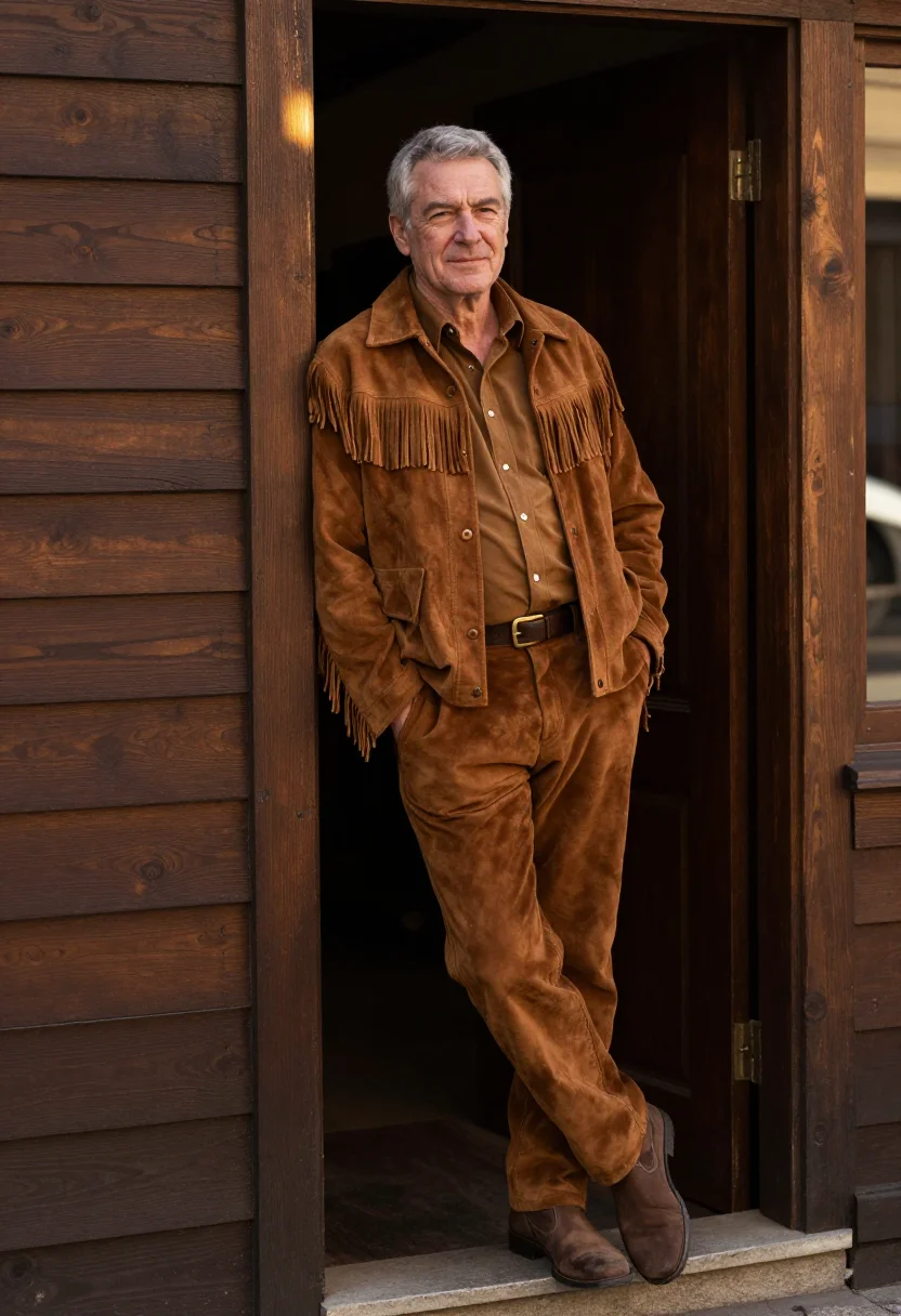AI suede tobacco sample — portrait of a man, full-length three-quarter portrait of a W