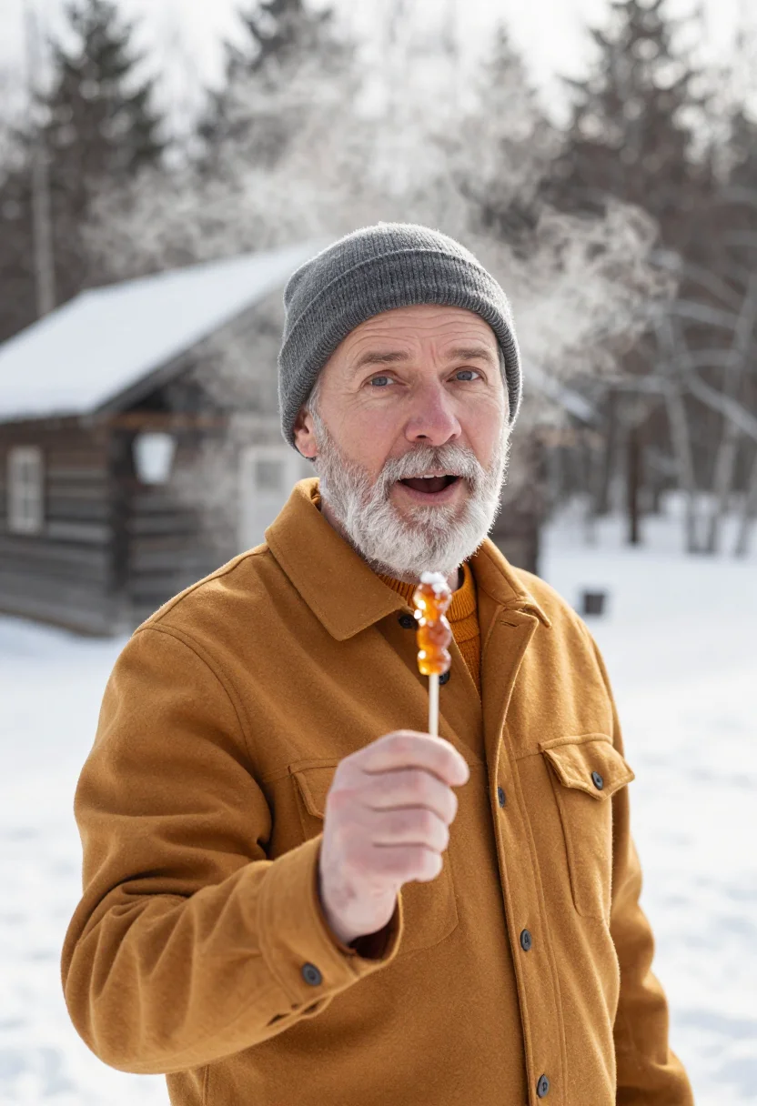 AI sugar shack maple sample — portrait of a man, framed chest-up from the ribs with the bo