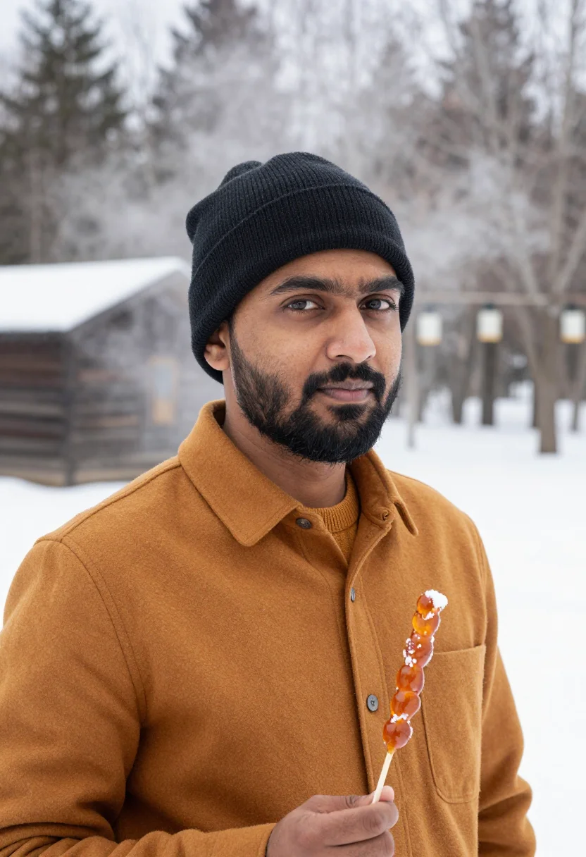 AI sugar shack maple sample — portrait of a man, framed as a tight headshot from the crown