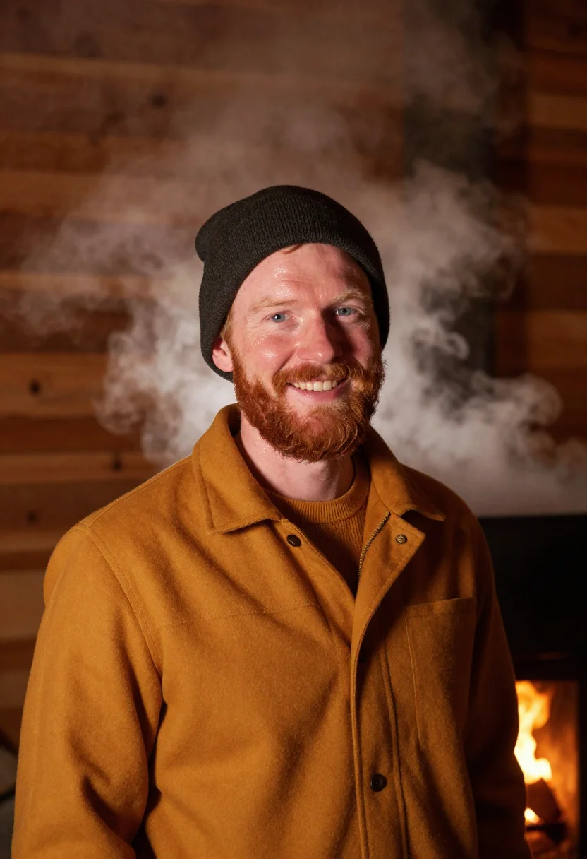 AI sugar shack maple sample — portrait of a man, framed head and shoulders, tighter, the b