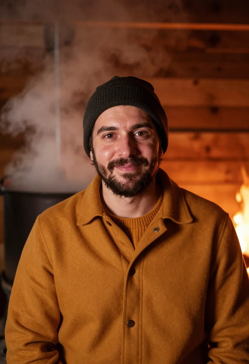 AI sugar shack maple sample — portrait of a man, framed as a tight headshot from the crown