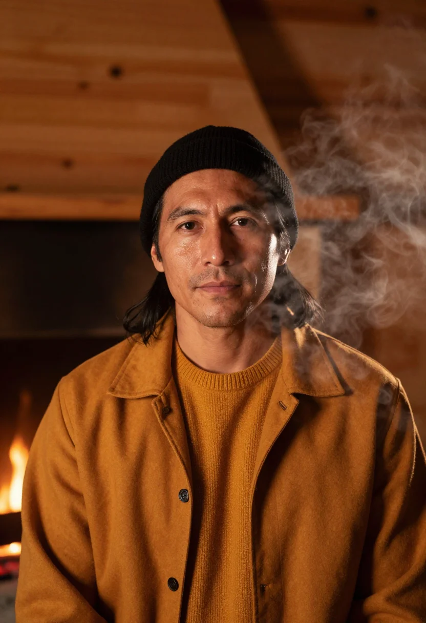AI sugar shack maple sample — portrait of a man, framed chest-up from the ribs with the bo