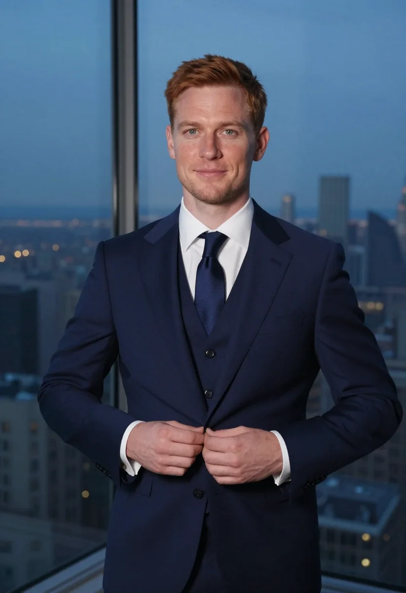 AI suits manhattan harvey specter navy three piece sample — portrait of a man, an Irish-American man in his late thirtie