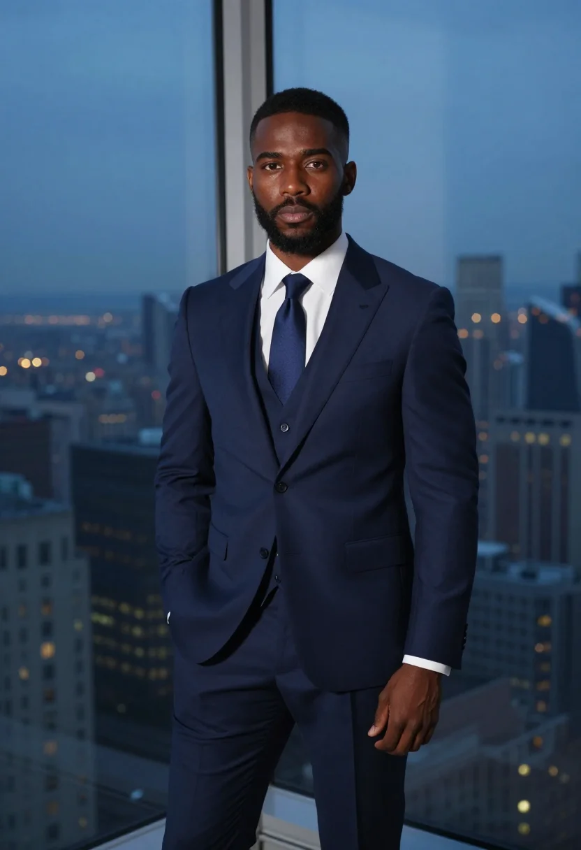 AI suits manhattan harvey specter navy three piece sample — portrait of a man, an African-American man in his early fort