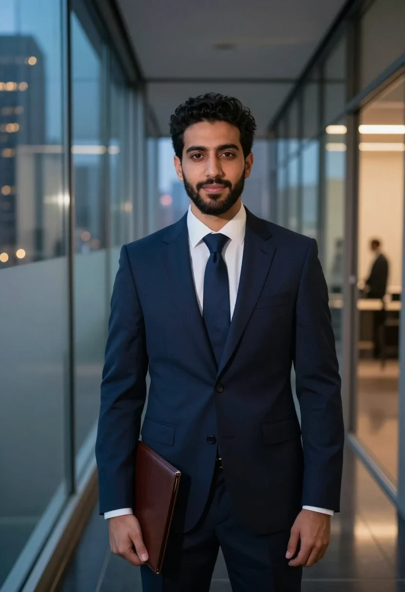 AI suits manhattan harvey specter navy three piece sample — portrait of a man, a Lebanese-American man in his early fort