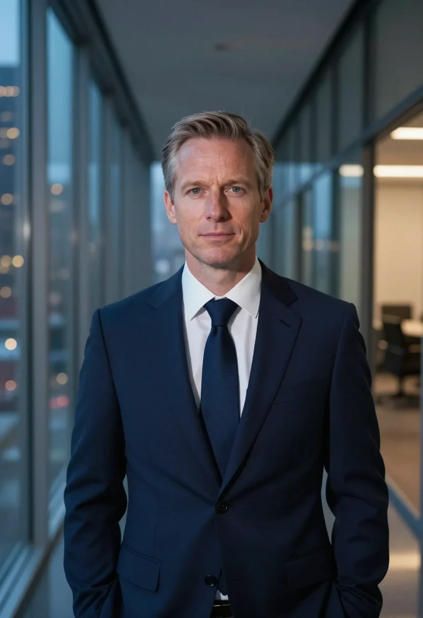 AI suits manhattan harvey specter navy three piece sample — portrait of a man, a German-American man in his late forties