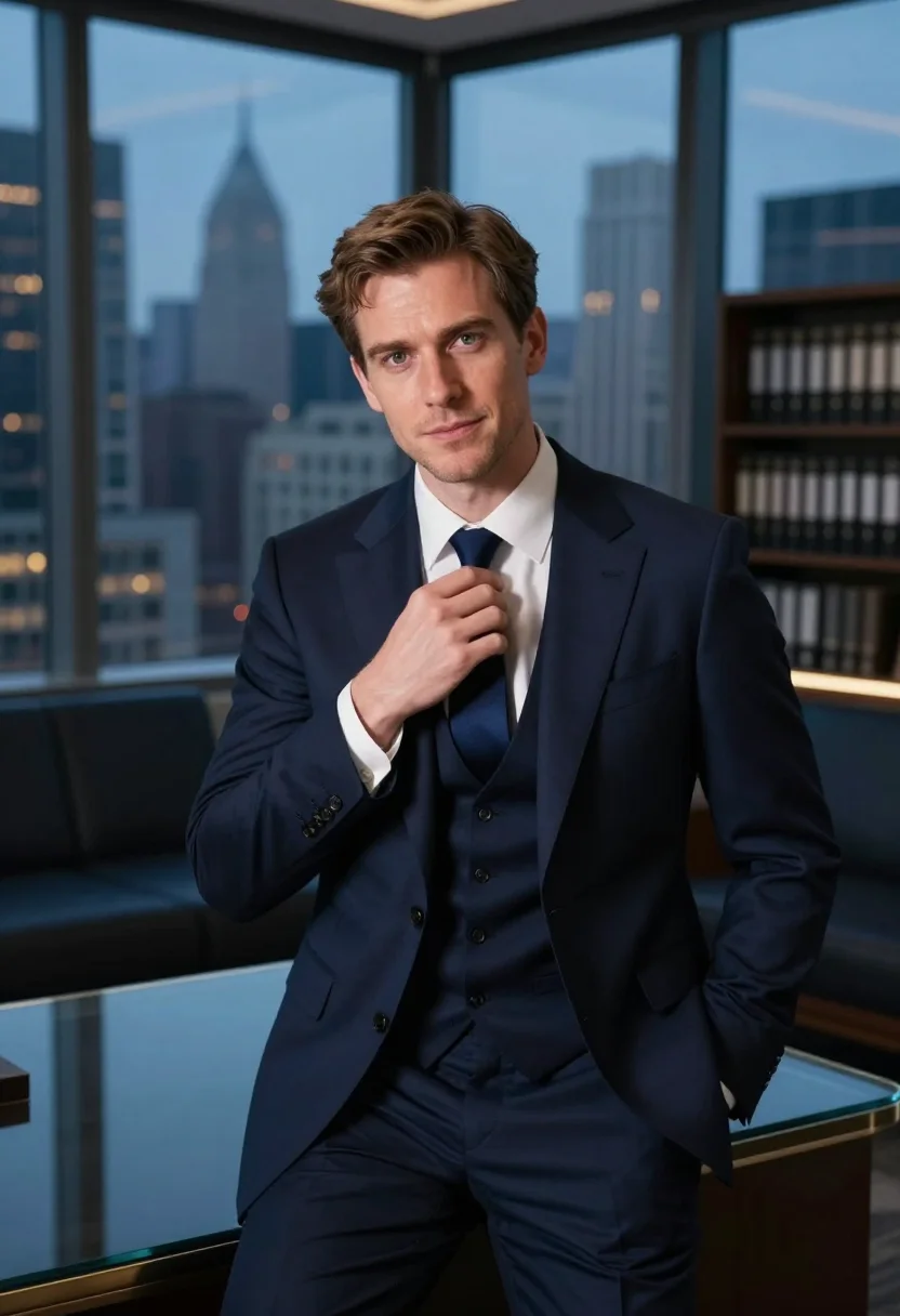 AI suits manhattan harvey specter navy three piece sample — portrait of a man, a British man in his mid-forties with pal