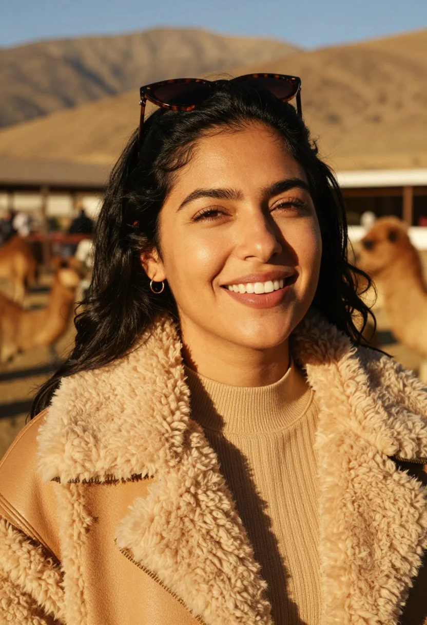 AI sun terrace camel sample — portrait of a woman, tight headshot of a Latin-American woma