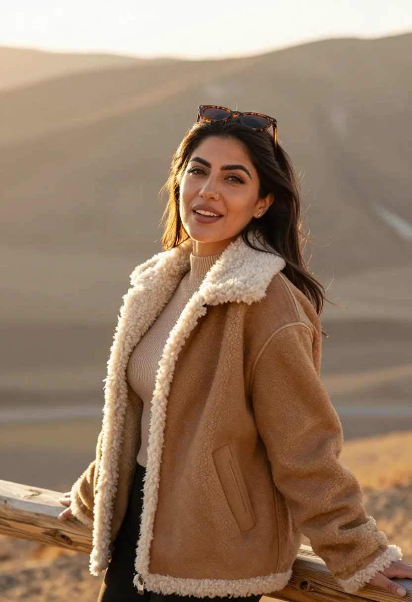 AI sun terrace camel sample — portrait of a woman, chest-up portrait of a Middle-Eastern w
