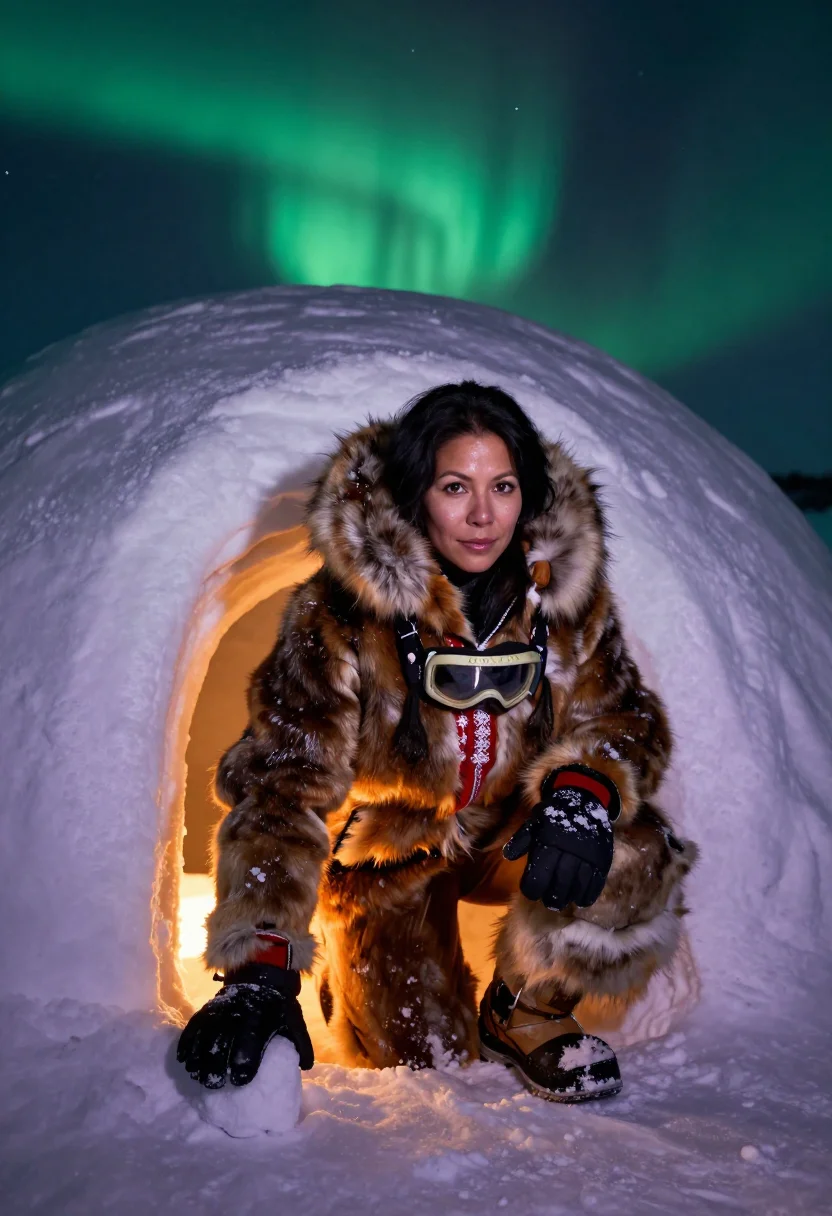 AI sunburst parka sample — portrait of a woman, half-length portrait of an Inuit woman