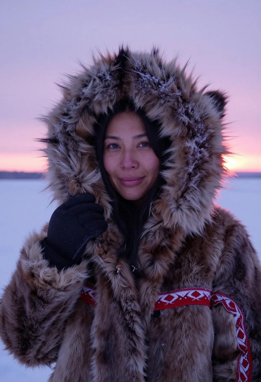 AI sunburst parka sample — portrait of a woman, tight portrait of an Inuit woman with w