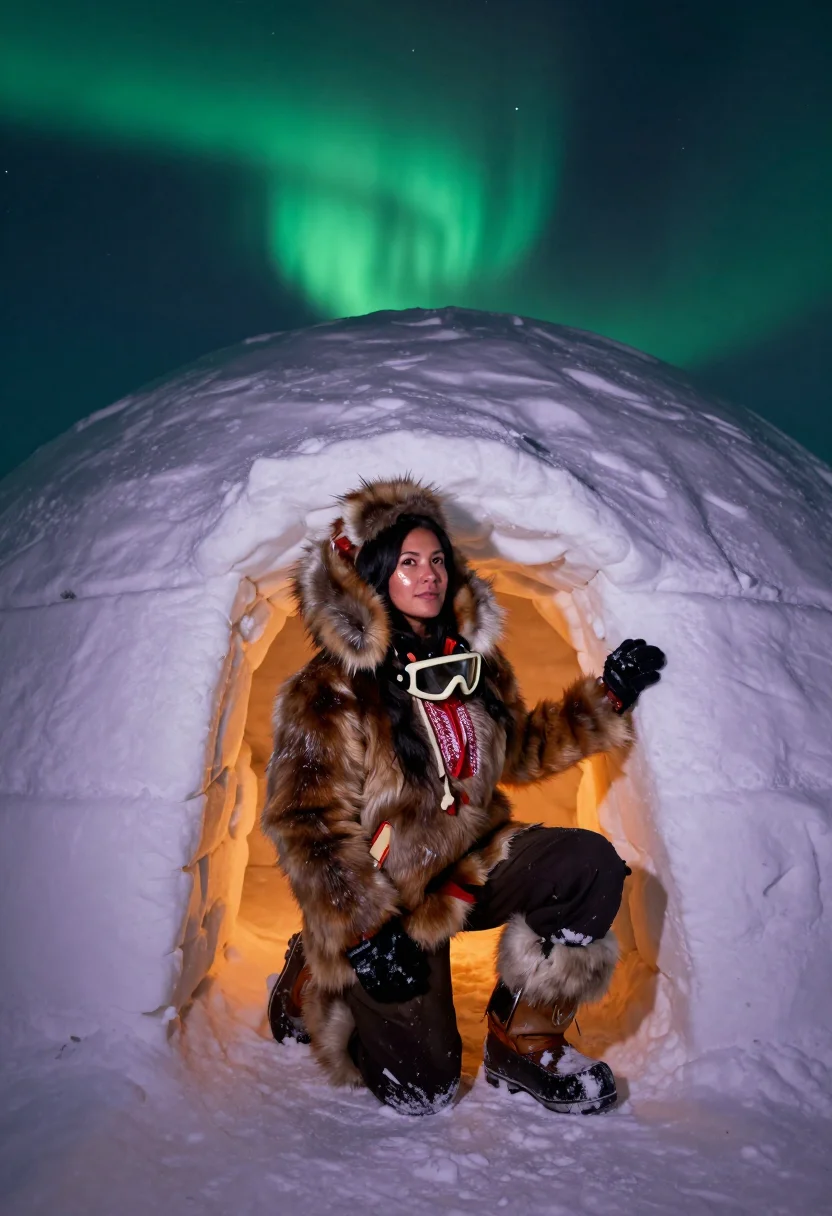 AI sunburst parka sample — portrait of a woman, full-length portrait of an Inuit woman