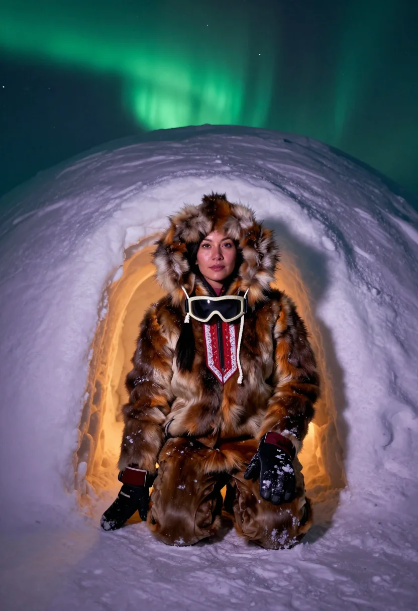 AI sunburst parka sample — portrait of a woman, three-quarter-length portrait of an Inu
