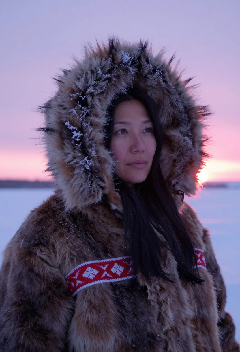 AI sunburst parka sample — portrait of a woman, head-and-shoulders portrait of an Inuit