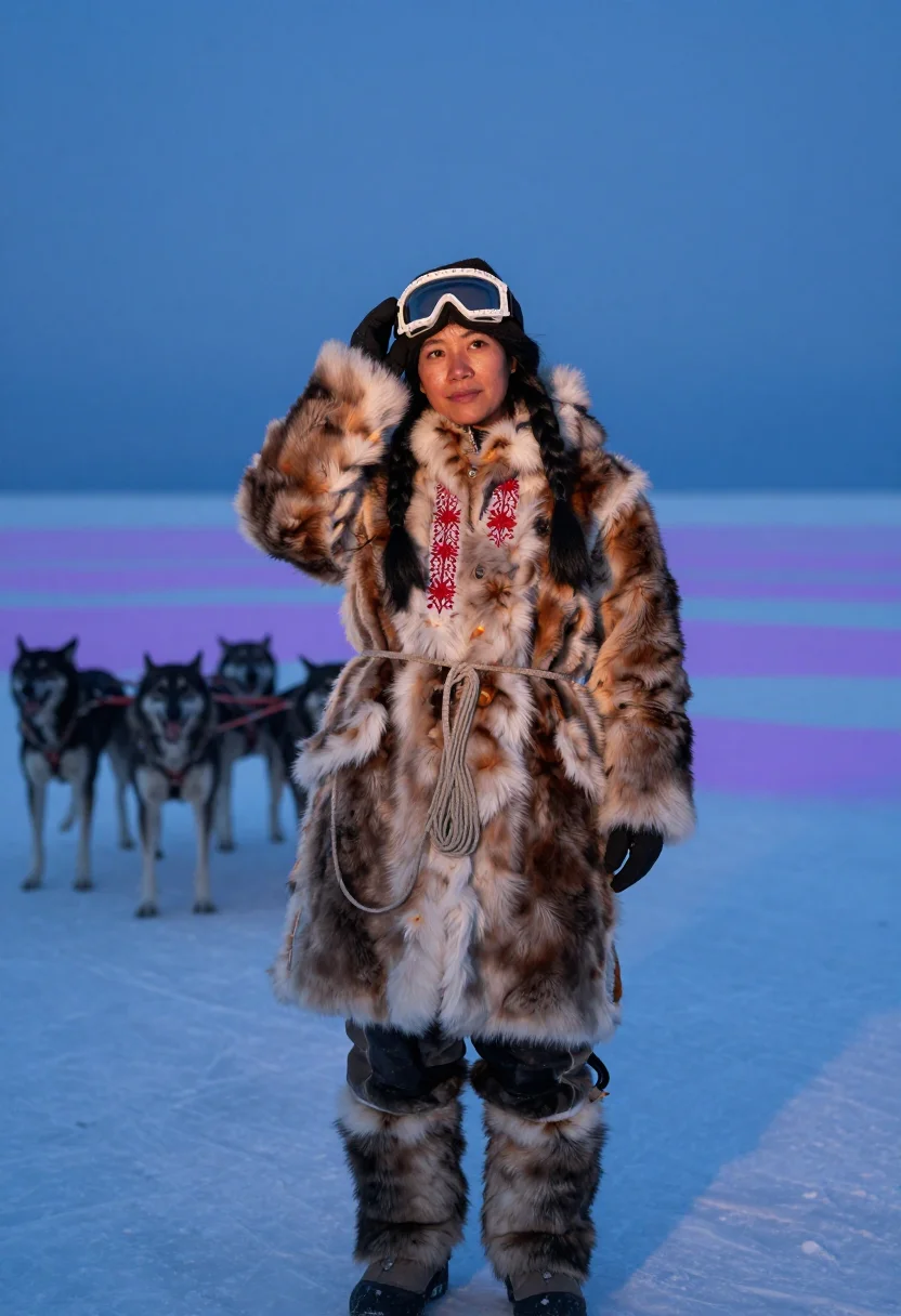 AI sunburst parka sample — portrait of a woman, half-length portrait of an Inuit woman
