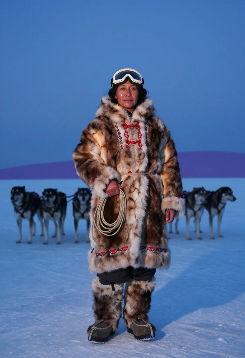 AI sunburst parka sample — portrait of a woman, full-length portrait of an Inuit woman