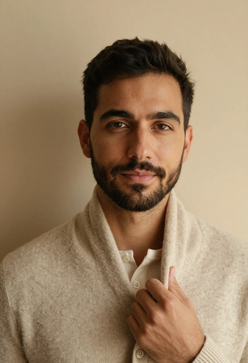 AI sunday knit oatmeal sample — portrait of a man, tight headshot of a man in his mid-thirti