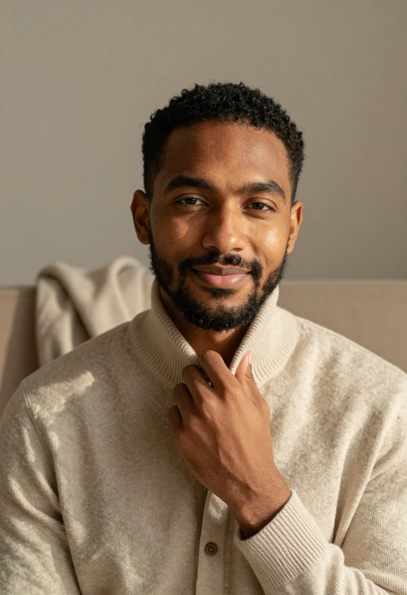 AI sunday knit oatmeal sample — portrait of a man, tight head-and-shoulders portrait of a ma