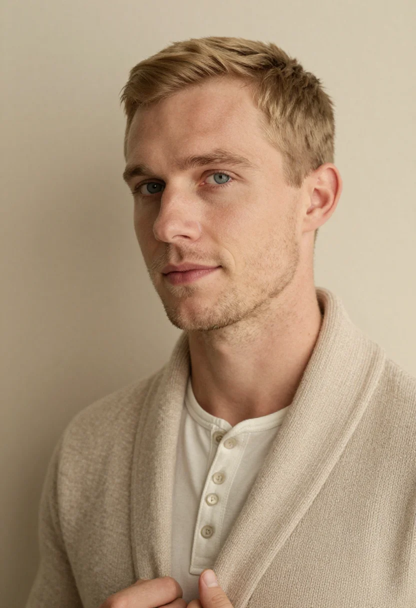 AI sunday knit oatmeal sample — portrait of a man, tight headshot of a man in his late twent