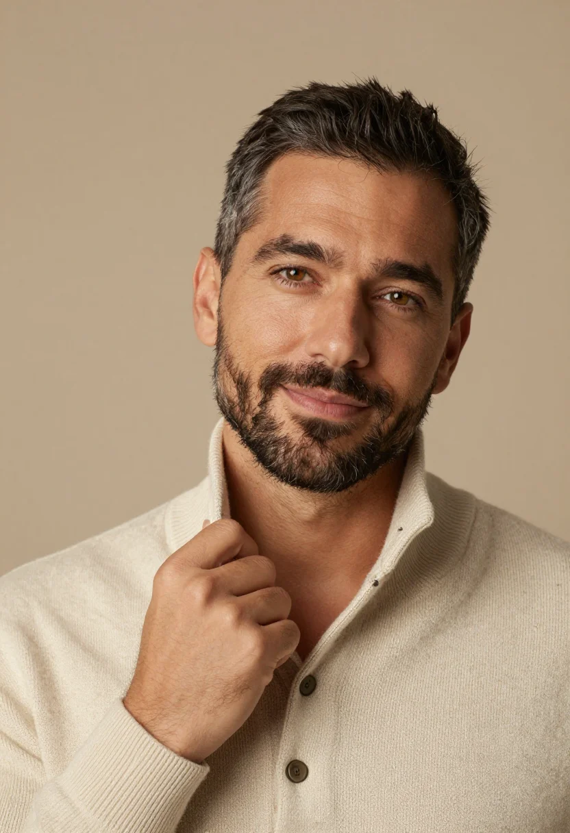 AI sunday knit oatmeal sample — portrait of a man, tight headshot of a man around forty with