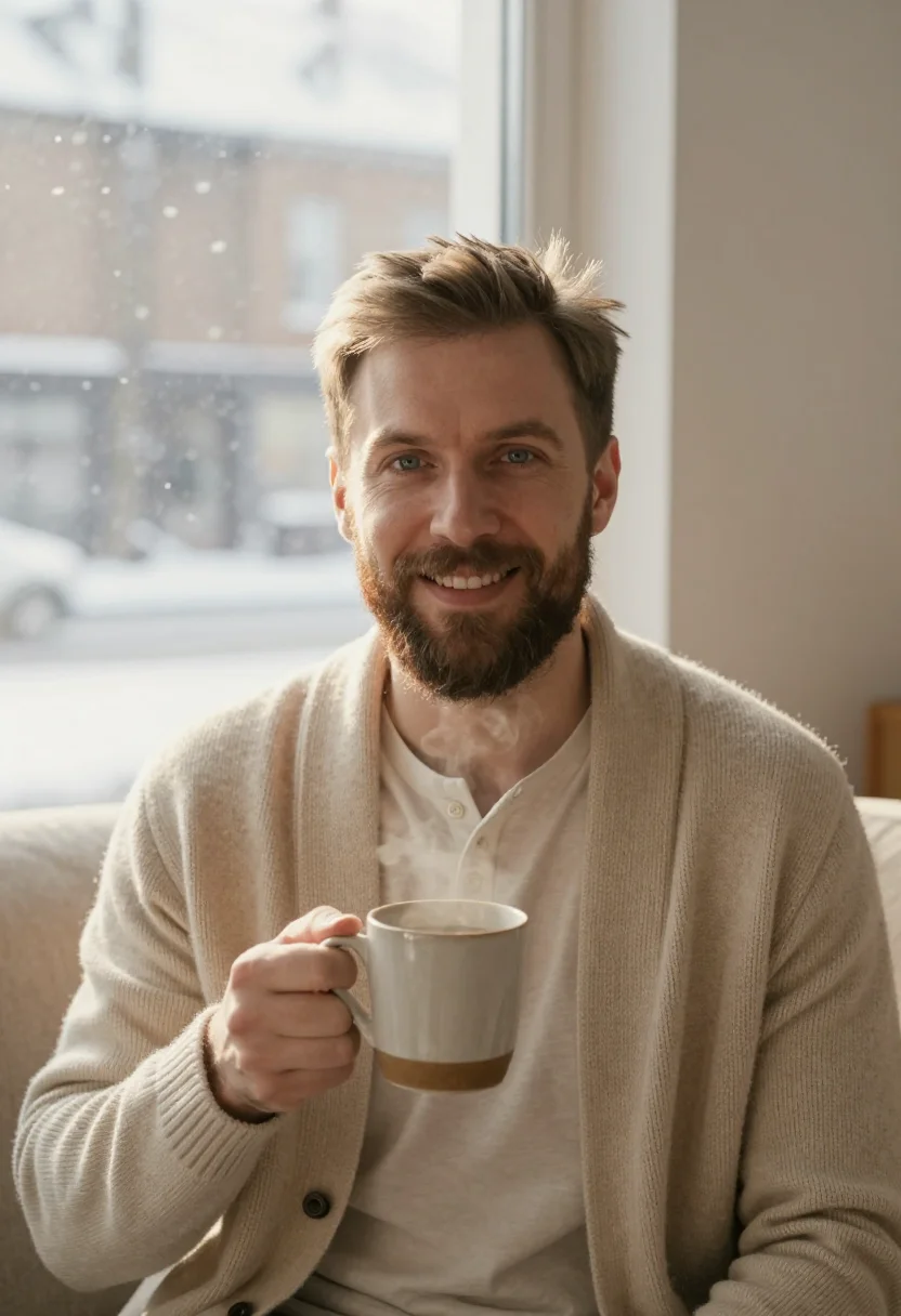 AI sunday knit oatmeal sample — portrait of a man, chest-up portrait of a man around thirty-