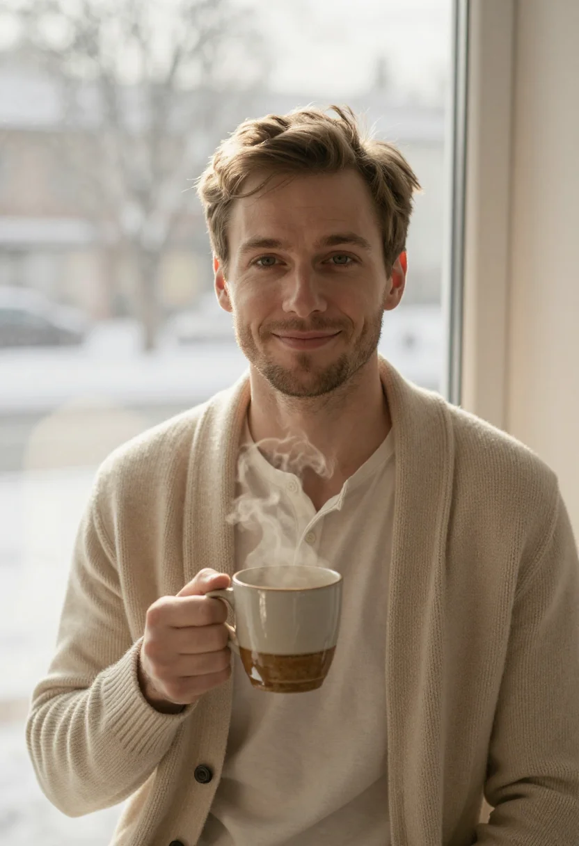 AI sunday knit oatmeal sample — portrait of a man, chest-up portrait of a man in his early t
