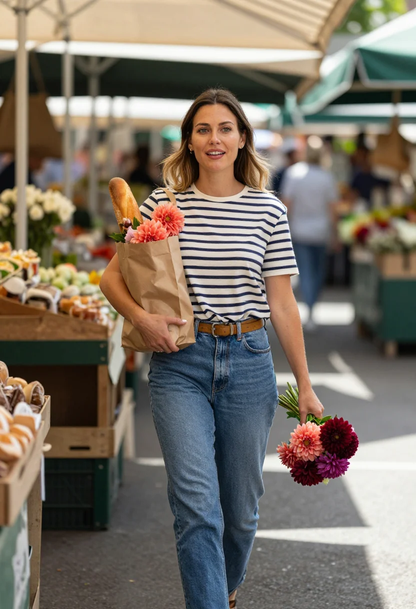 AI sunday market sample — portrait of a woman, knee-up portrait of a Western-European