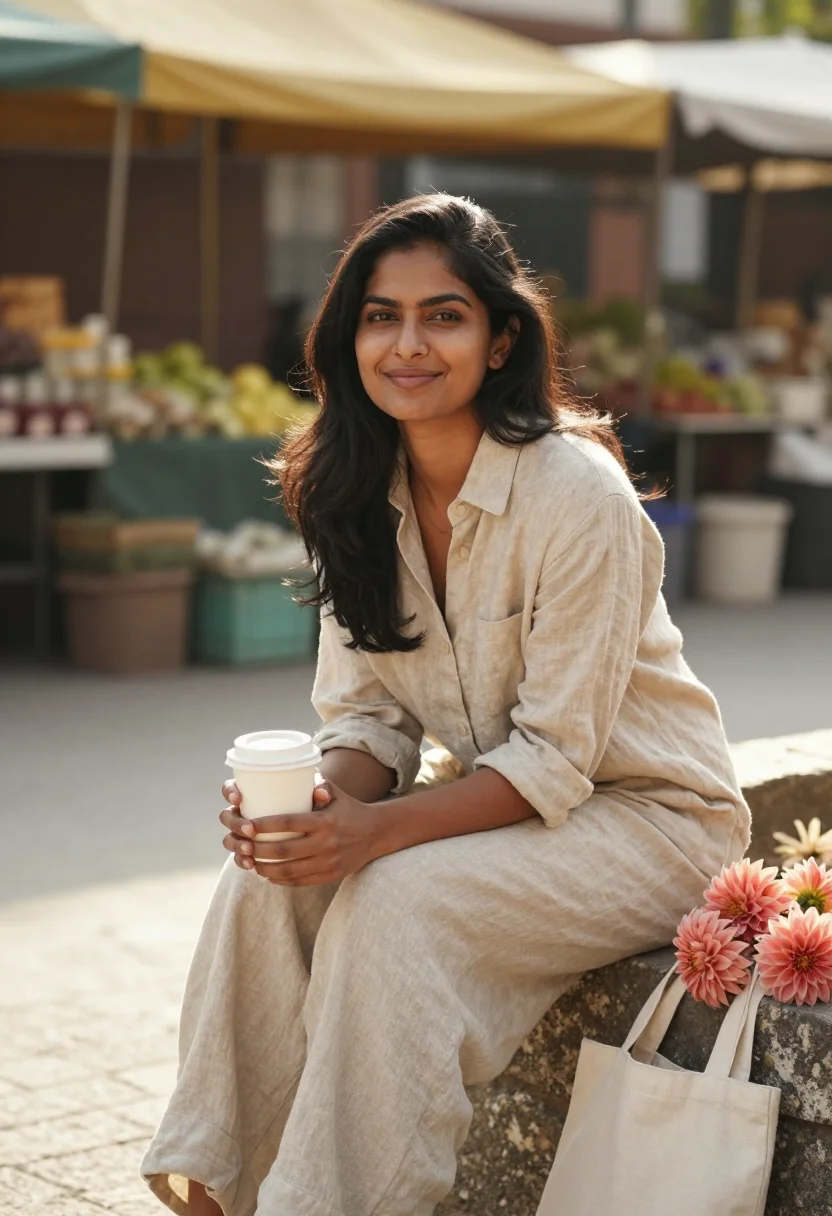 AI sunday market sample — portrait of a woman, waist-up portrait of a South-Asian woma
