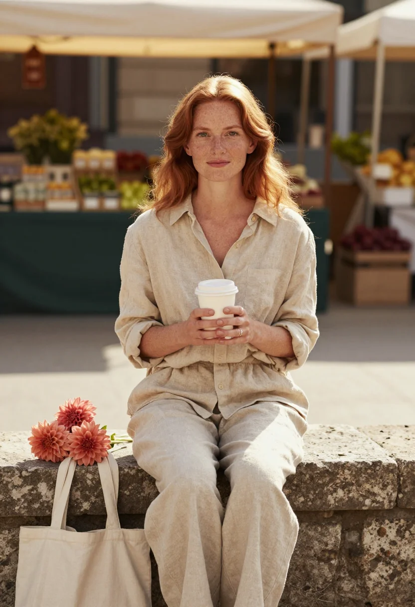 AI sunday market sample — portrait of a woman, knee-up portrait of a Western-European