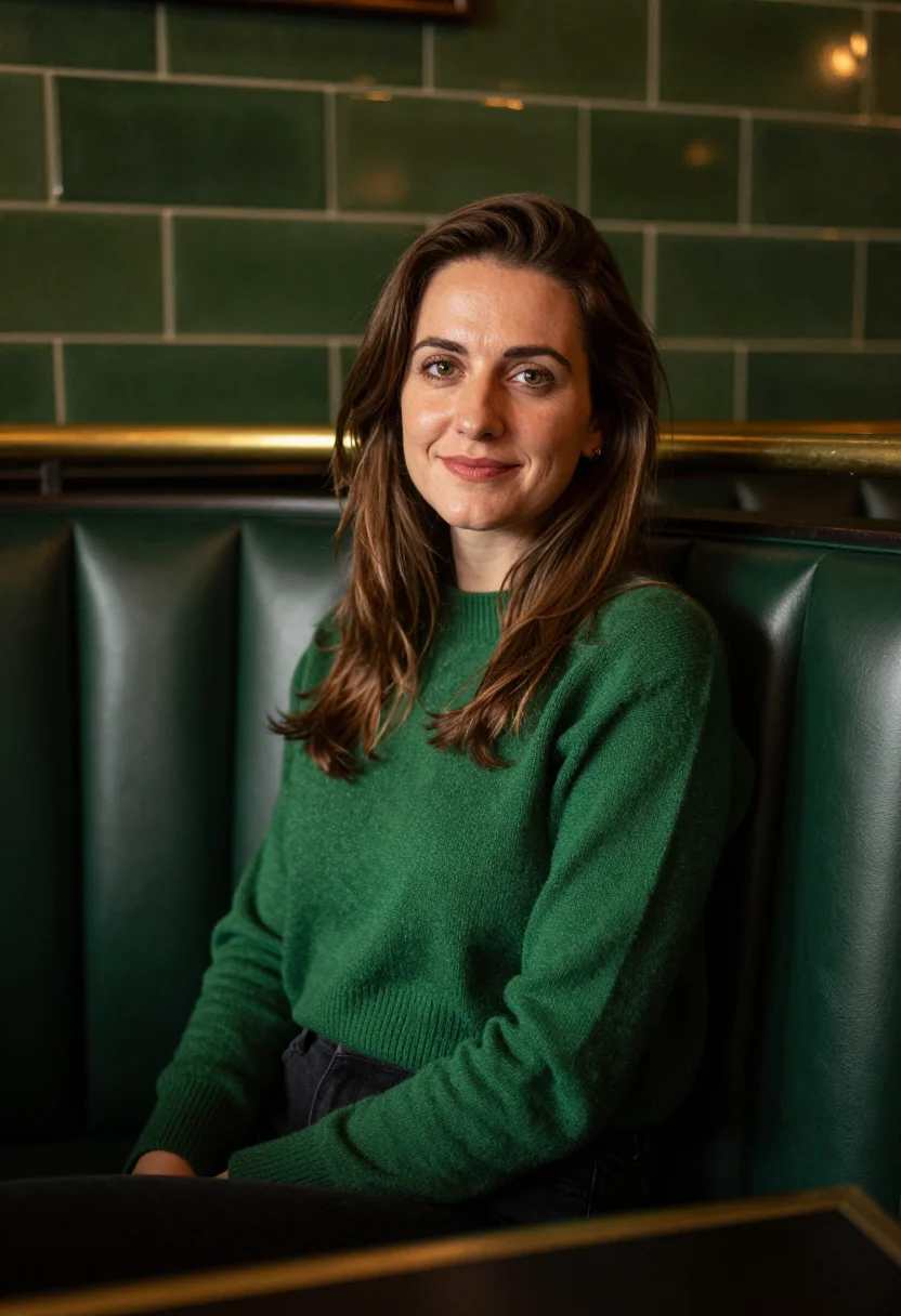 AI sunday roast pub green tile sample — portrait of a woman, framed chest-up, cropped at the ribs, t