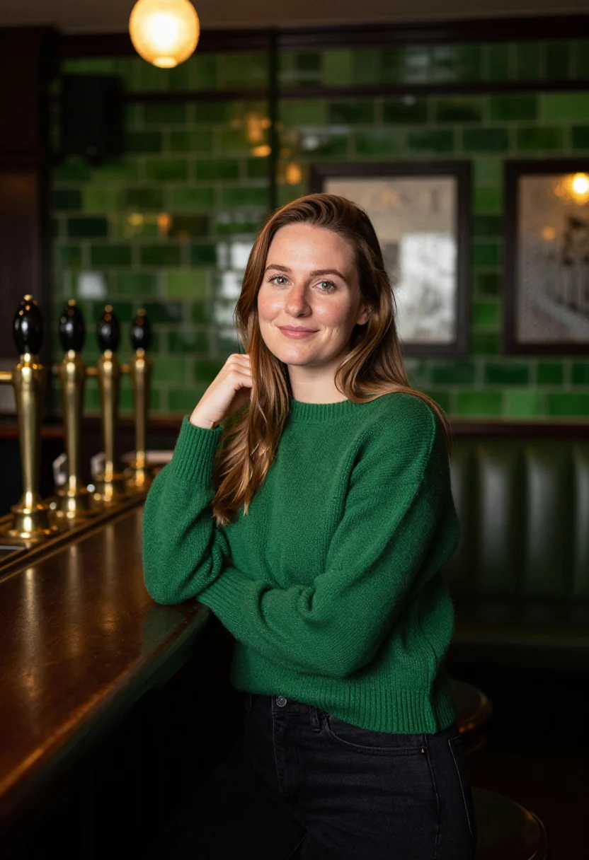 AI sunday roast pub green tile sample — portrait of a woman, framed half-length from the head to the