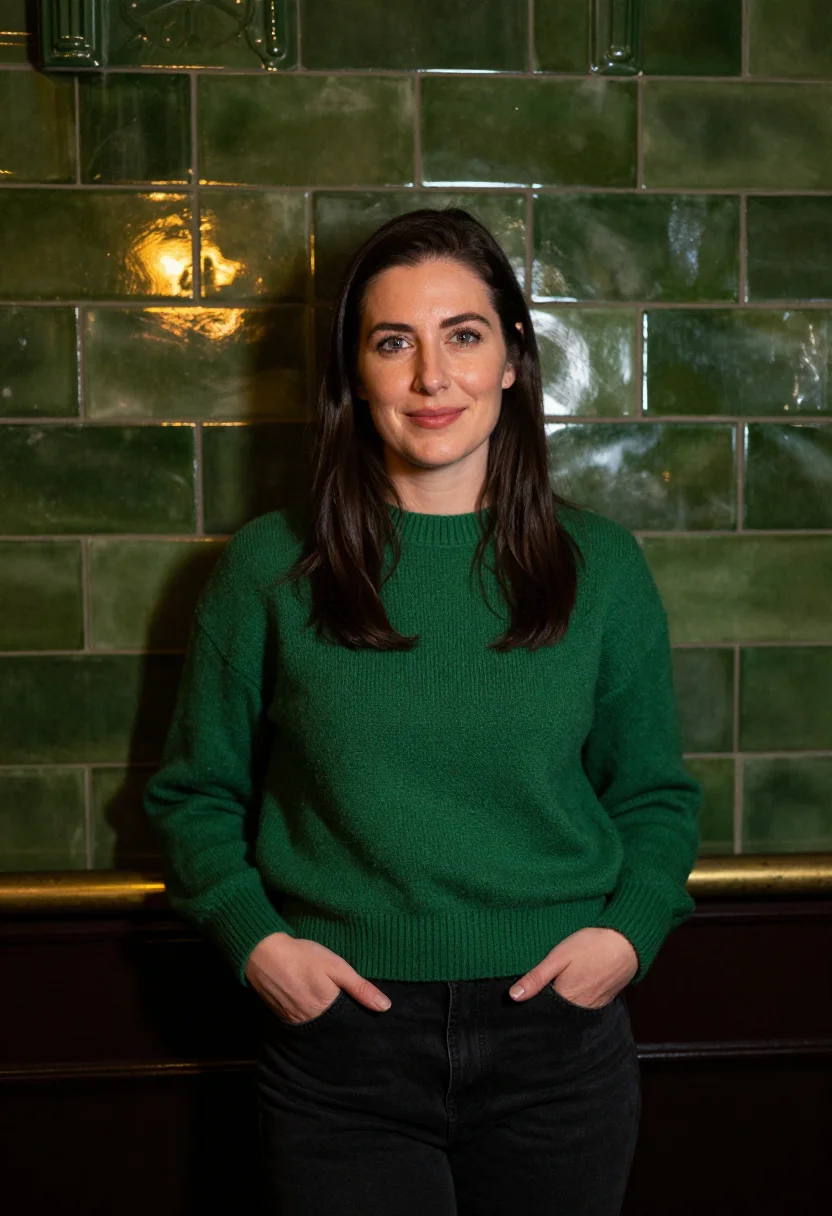 AI sunday roast pub green tile sample — portrait of a woman, framed half-length from the head to the