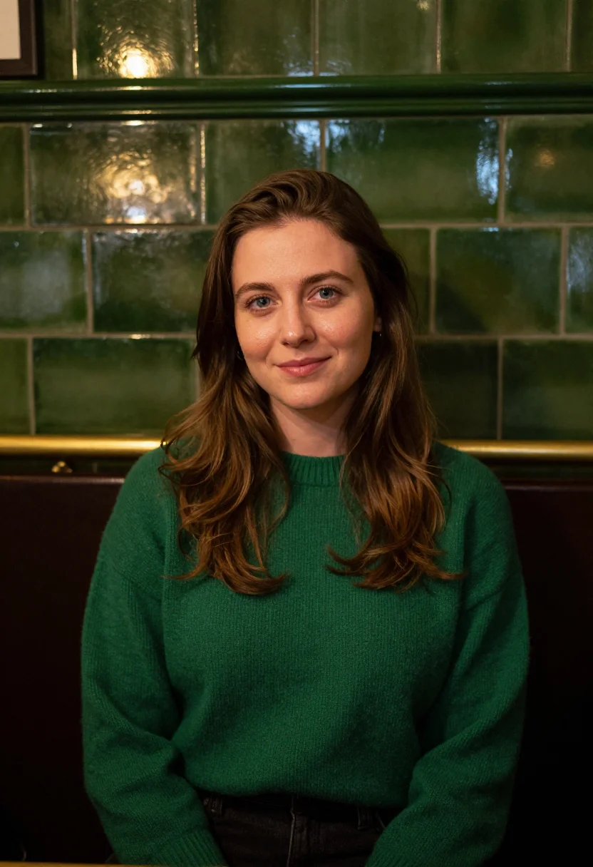 AI sunday roast pub green tile sample — portrait of a woman, framed tight, head and shoulders, the b