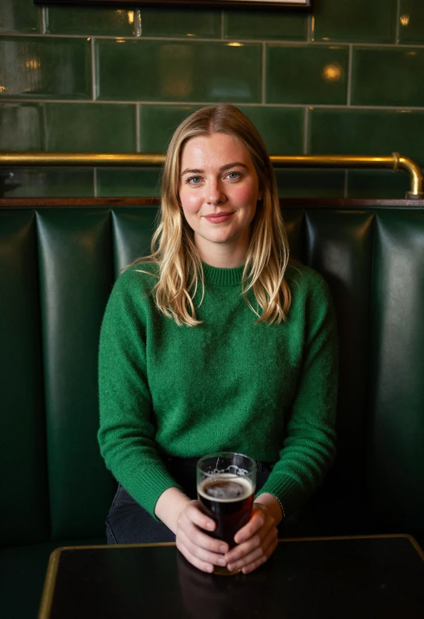 AI sunday roast pub green tile sample — portrait of a woman, framed half-length from the head to the