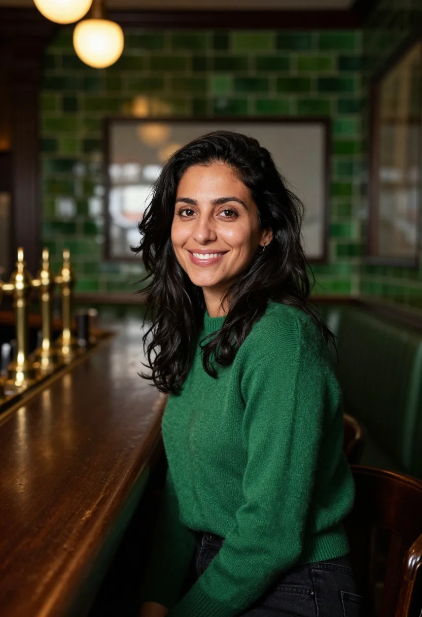 AI sunday roast pub green tile sample — portrait of a woman, framed tight, head and shoulders, the b
