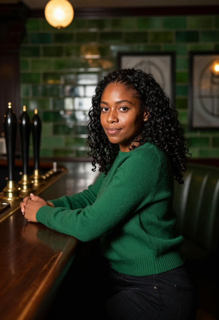 AI sunday roast pub green tile sample — portrait of a woman, framed chest-up, cropped at the ribs, t