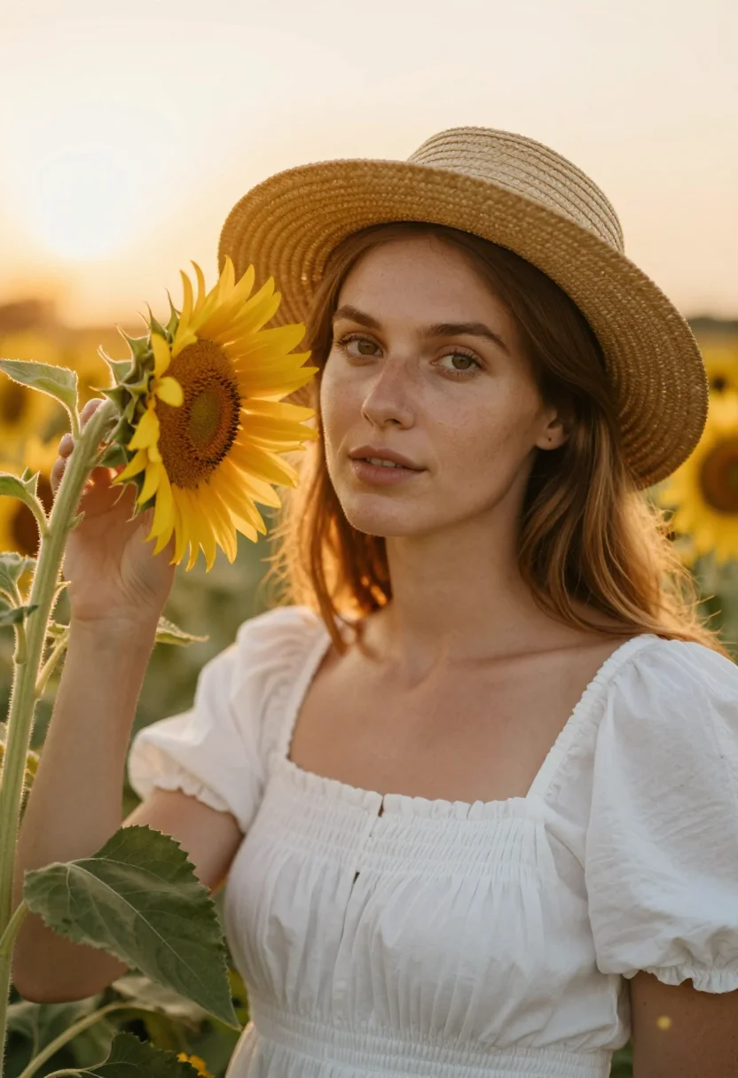 AI sunflower field sample — portrait of a woman, close portrait from the shoulders up of