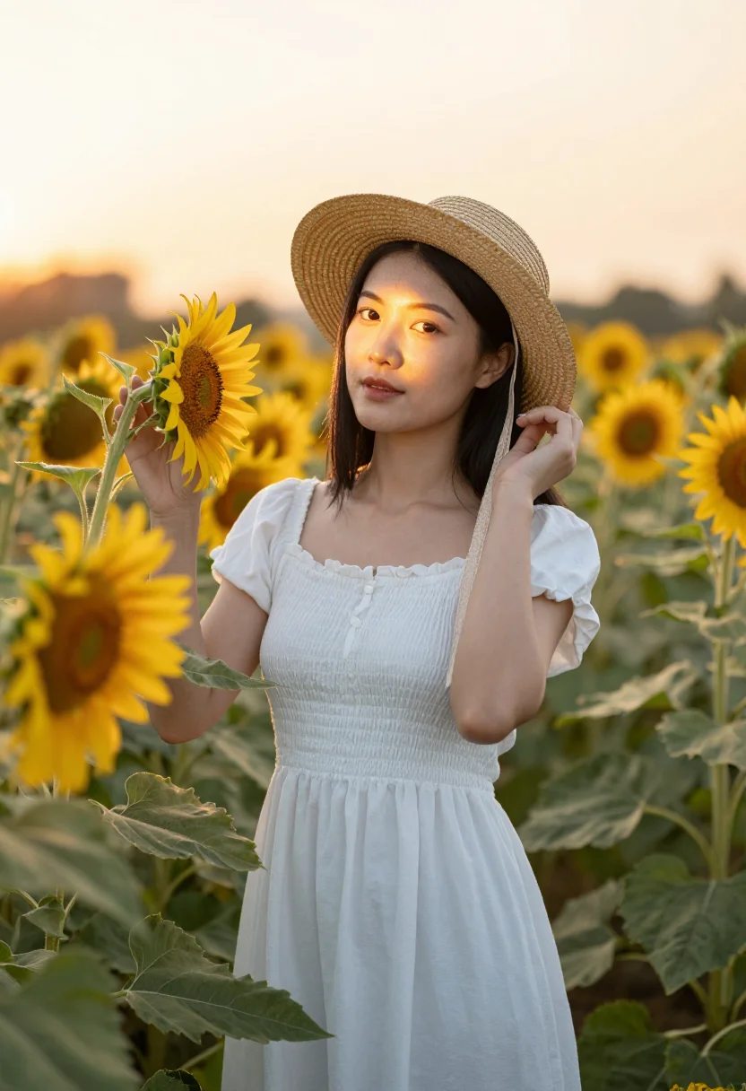 AI sunflower field sample — portrait of a woman, half-length portrait of an East-Asian w