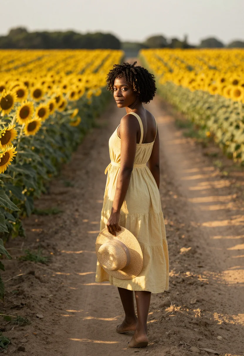 AI sunflower field sample — portrait of a woman, three-quarter-length portrait of an Afr