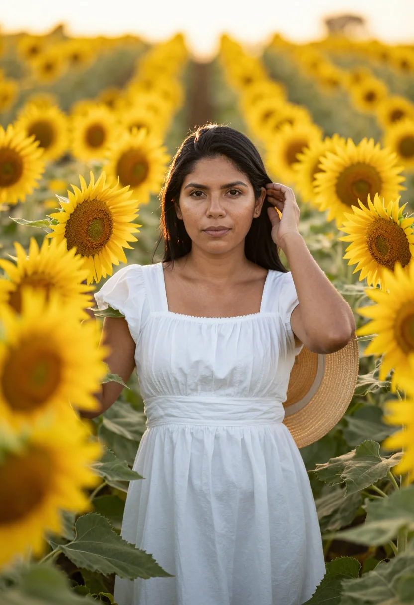 AI sunflower field sample — portrait of a woman, close portrait from the ribs up of a La
