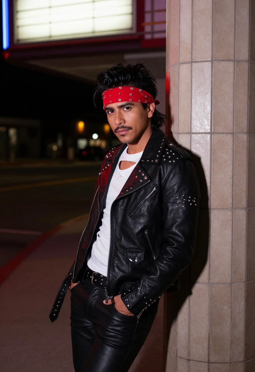 AI sunset strip eighty seven sample — portrait of a man, three-quarter night portrait, camera at e