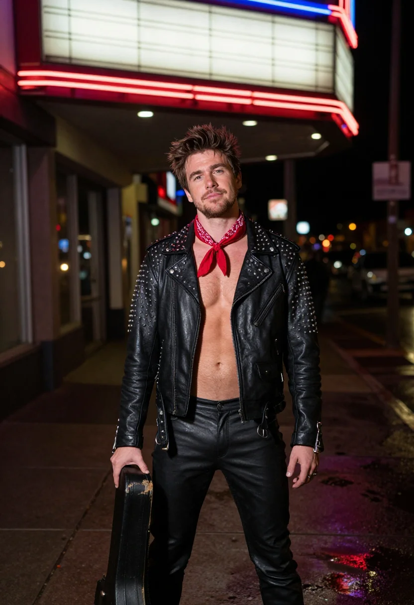AI sunset strip eighty seven sample — portrait of a man, wide night portrait, camera a little belo