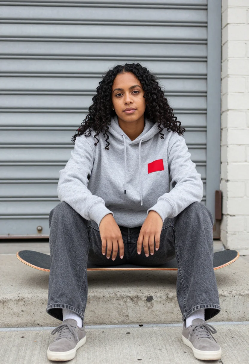 AI supreme lafayette street box logo red accent sample — portrait of a woman, a Puerto Rican New Yorker in her mid-tw